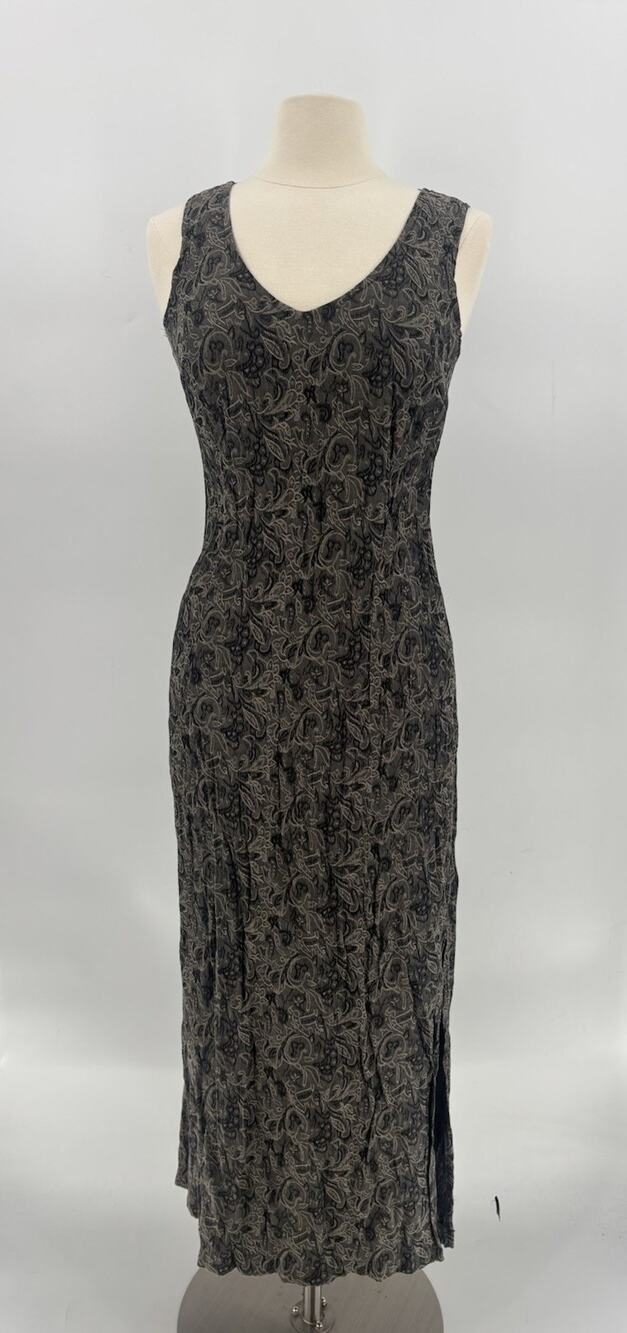 RendezVous Vintage Dress Womens Medium Green Black Maxi 1990s Sleeveless Floral